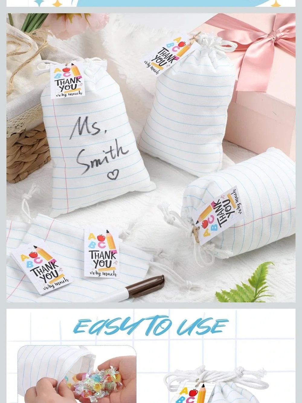 Back to school Drawstring Gift Bags-6 pack